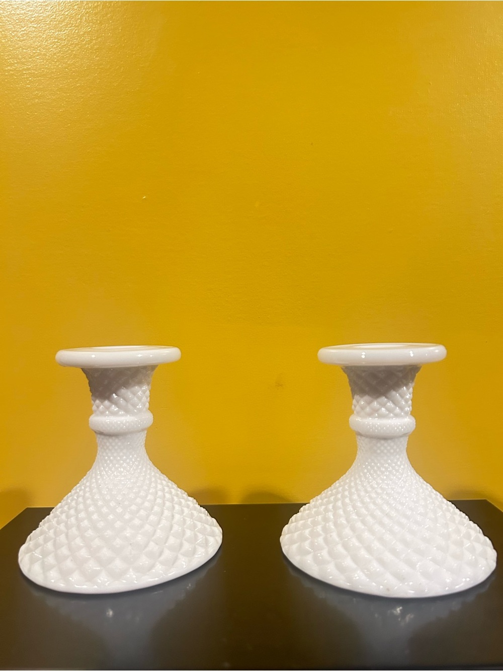 Vintage Westmooreland Milk Glass Diamond Hobnail Candlestick Holder Set